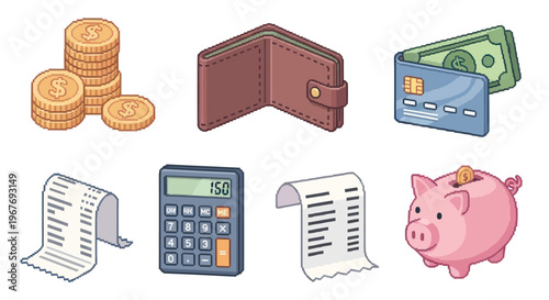 Finance Isometric Cartoon Icons Set: Money, Wallet, Credit Card, Calculator, Piggy Bank, Receipts