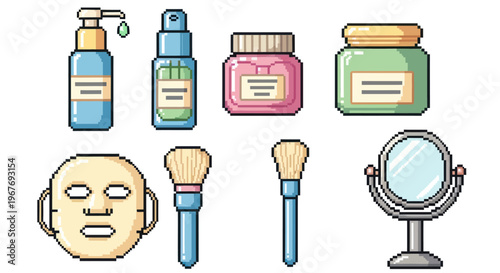 Pixel Art Skincare and Beauty Products  Tools Icon Set. Retro Cosmetics Collection.