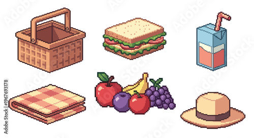 Retro Pixel Art Picnic Leisure Set: Basket, Sandwich, Fruits, Juice, Blanket, Hat Vector Icons