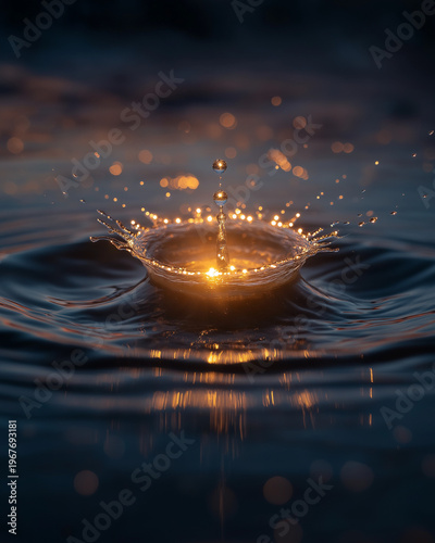 Liquid Crown: A captivating moment freezes in time, as a single drop of water impacts a calm surface, forming a mesmerizing crown of water. The interaction creating a play of light, shadows.