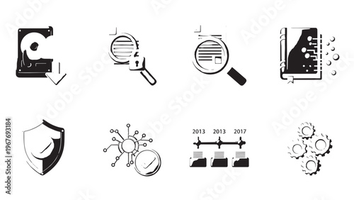 Collection of black and white icons representing security, analysis, research, and technology concepts.