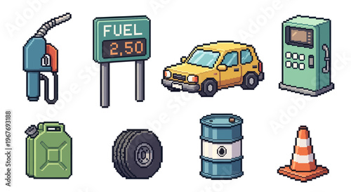 Automotive Pixel Art Gas Station Icons Set: Fuel Pump, Car, Barrel, Tire, Cone