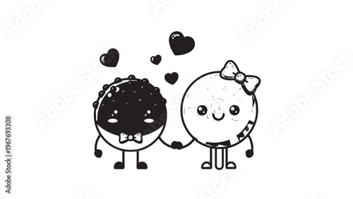 Cute Cartoon Characters of Boy and Girl Holding Hands with Hearts Above Them.