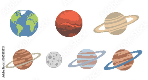 Pixel Art Solar System Planets Vector Set Retro 8-bit Astronomy Space Gaming Icons