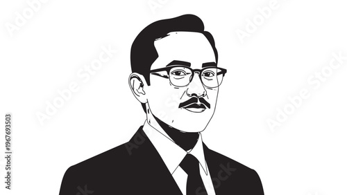 Black and White Portrait of a Man Wearing Glasses and a Suit.