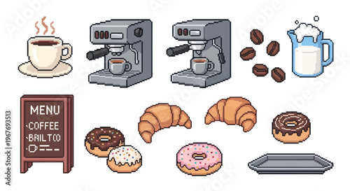 Pixel Art Coffee Shop Icons: Espresso Machine, Coffee Cup, Donuts, Croissants, Menu