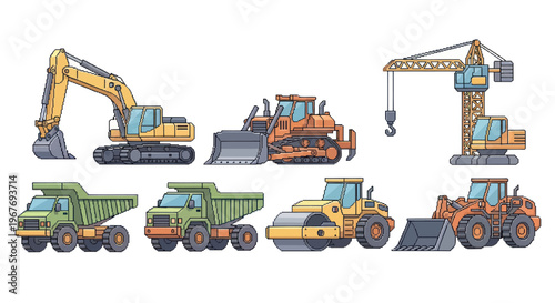 Colorful Construction Vehicles Vector Set: Crane, Excavator, Trucks, Bulldozer