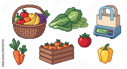 Pixel Art Fresh Fruits and Vegetables Healthy Food Icons
