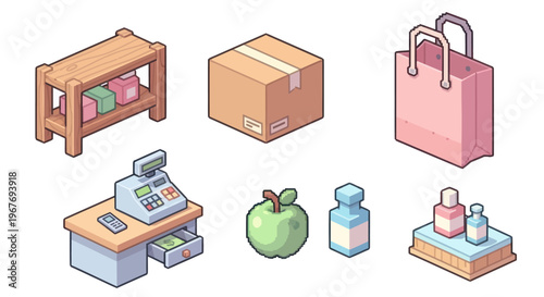 Pixel Art Isometric Grocery Store Items - Shopping, Retail, Objects