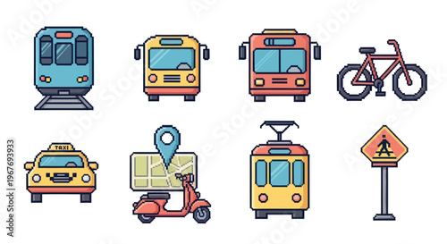 Pixel Art Icons of Transportation: Train, Bus, Taxi, Scooter, Tram, Bike, Pedestrian