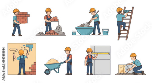 Construction workers performing various tasks, flat vector illustration