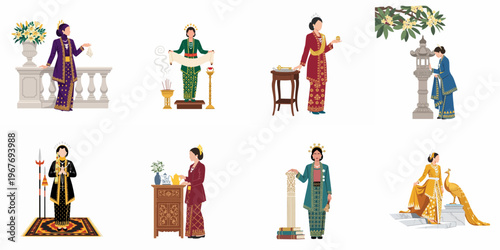 Set of Indonesian women in traditional kebaya attire depicting various cultural scenes and heritage ceremonies in elegant vector illustration style.