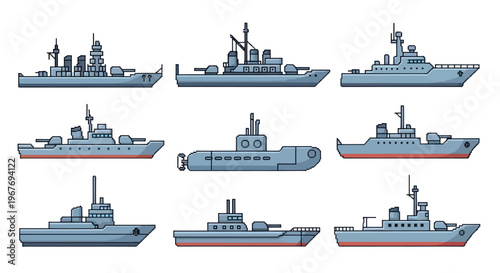 Flat Style Vector Illustration of Military Warships, Navy Fleet
