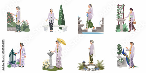 A collection of vector illustrations featuring a woman in traditional Indonesian kebaya dress exploring various serene garden settings and features.