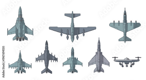 Retro Pixel Art Military Aircraft Set Top Down Fighter Jets Bombers and Drone Vector Illustration