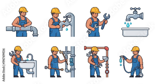 Plumber icon set, construction flat style, repair and maintenance