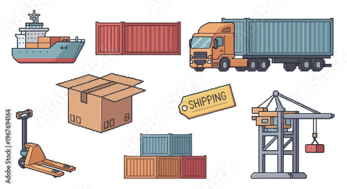 Logistics and Shipping Icons: Ship, Truck, Crane, Containers, Box, Pallet Jack