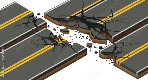 WebBroken paved road with severe cracks, asphalt debris, and structural damage, ideal for disaster, earthquake, infrastructure failure, construction, and environmental impact concepts