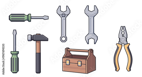 Flat vector illustration of assorted hand tools and toolbox, construction