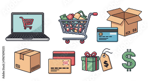 Pixel art e-commerce shopping icon set laptop cart delivery box credit card gift and dollar sign