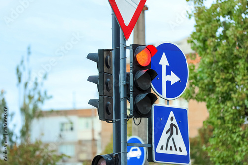 View of red traffic lights ...