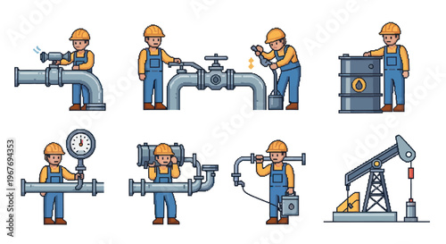 Flat Style Oil And Gas Industry Workers Vector Set