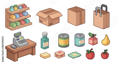 Isometric pixel art grocery store items: shelves, cash register, food, packaging