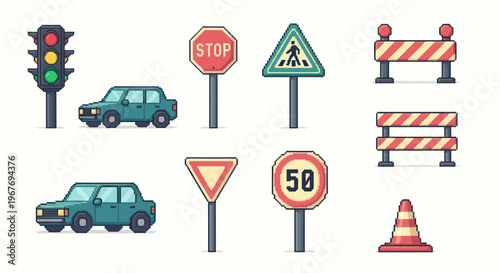 Pixel art transportation vector set with cars, traffic signs, road light, and barricades