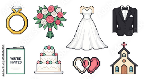 Retro pixel art wedding icon set with dress ring bouquet suit cake and church