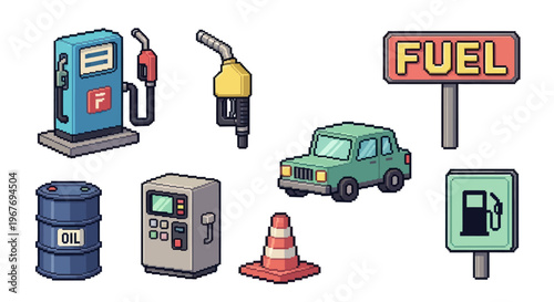 Pixel Art Gas Station Icons: Car, Fuel Pump, Barrel, Cone, Signs