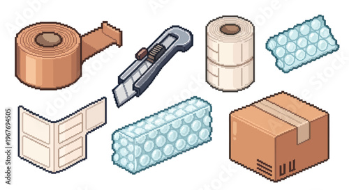 Pixel Art Shipping Supplies: Box, Tape, Cutter, Bubble Wrap