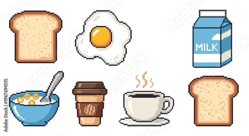 Pixel Art Breakfast Icons: Toast, Egg, Cereal, Coffee, Milk