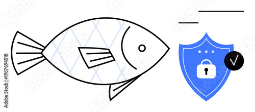 Phishing concept. Phishing attacks threaten digital security, by a fish symbol linked to cybersecurity measures. Phishing prevention ensures safe online interactions. For IT, tech training