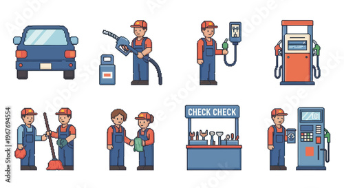 Retro Pixel Art Gas Station Worker and Automotive Service Icon Set
