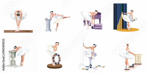 A collection of eight elegant ballerina illustrations in various poses, wearing white tutus and pointe shoes, set against minimalist backgrounds.