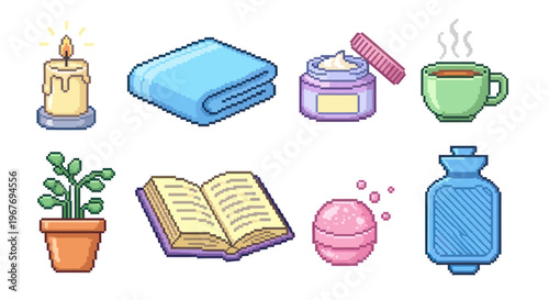 Pixel Art Self-Care Objects: Candle, Towel, Cream, Coffee, Plant, Book, Bath Bomb, Hot Water Bottle