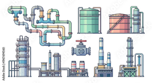 Industrial Oil Refinery Plants and Pipelines, Flat Vector Art