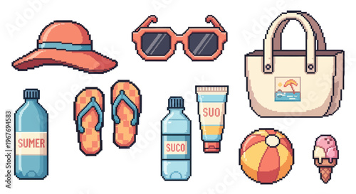 Pixel Art Summer Vacation Objects: Hat, Sunglasses, Bag, Ball, Ice Cream