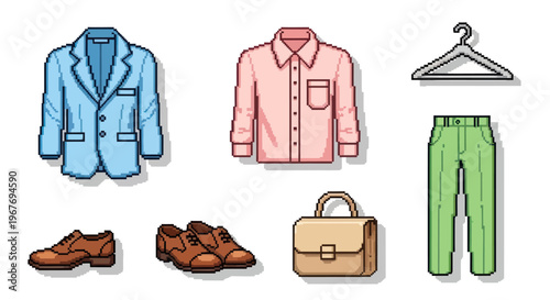 Pixel Art Business Attire Icons: Jacket, Shirt, Pants, Shoes, Bag