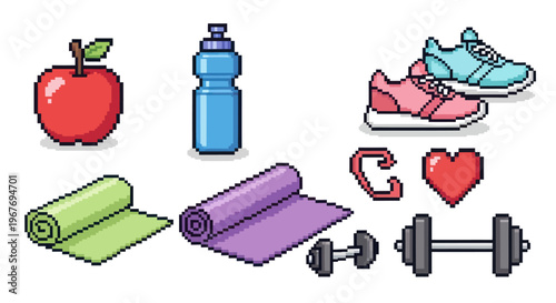Pixel Art Fitness Icons: Apple, Water Bottle, Shoes, Yoga Mats, Dumbbells
