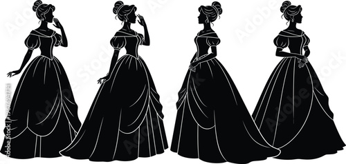 WebElegant black silhouette illustrations of women in full-length ball gowns with puffed sleeves and graceful poses, perfect for fashion, costume, wedding, and design concepts