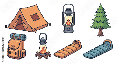 Pixel art camping gear icons - tent, backpack, lantern, sleeping bags, tree