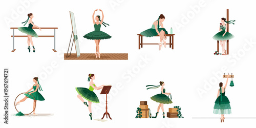 Set of flat vector illustrations depicting a graceful ballerina in various poses and activities, wearing a green tutu and pointe shoes.