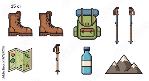 Pixel Art Hiking Gear Icons: Boots, Backpack, Poles, Map, Bottle, Mountains
