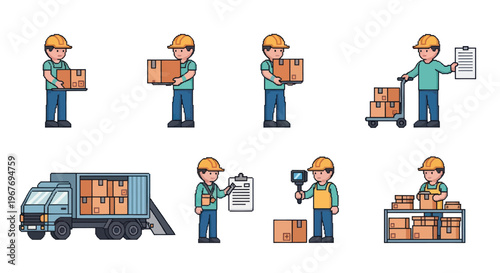 Warehouse worker with boxes and truck, flat vector illustration