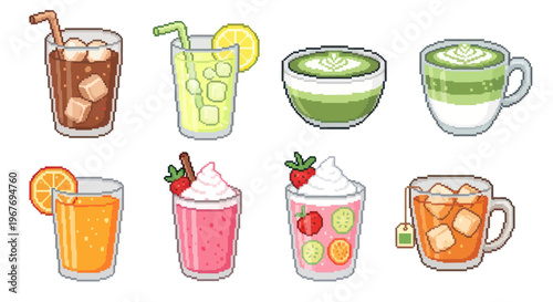 Pixel Art Collection of Refreshing Drinks and Teas