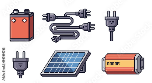 Pixel Art Icons: Battery, Solar Panel, Power Plugs, Inverter for Renewable Energy