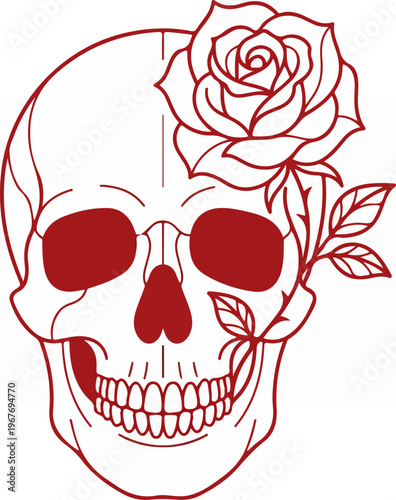 Red Skull With Rose Tattoo.
