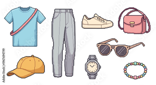 Pixel art outfit elements: t-shirt, pants, cap, sneakers, bag, glasses, watch, bracelet