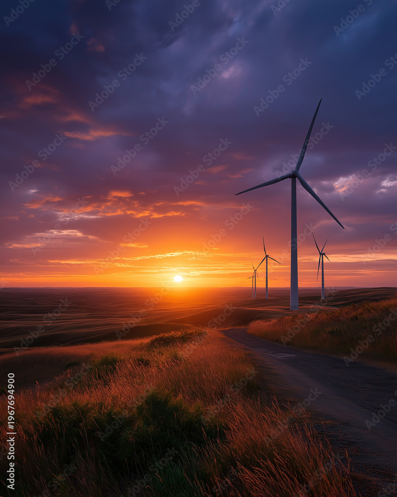 Obraz premium Wind Turbines at Sunset: Majestic wind turbines stand tall against a fiery sunset, symbolizing sustainable energy and a greener future.